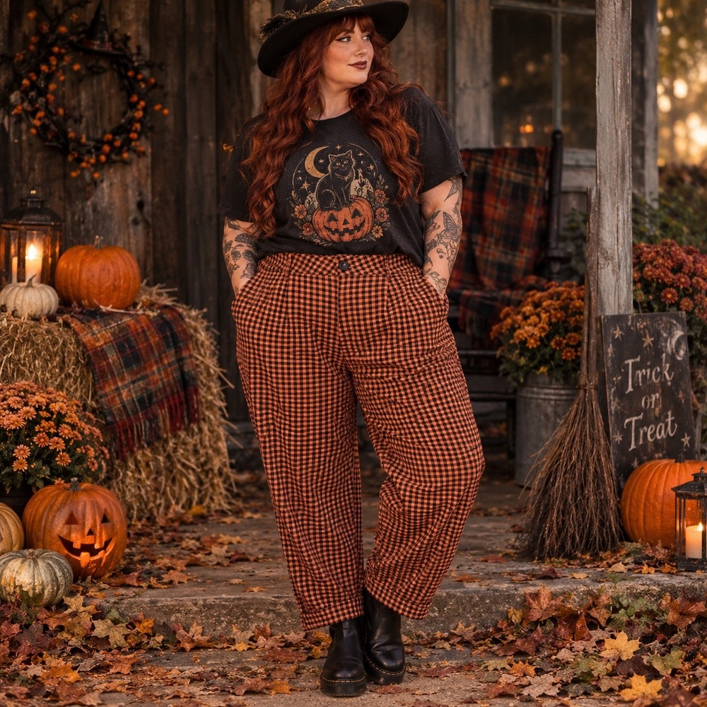 Pumpkin Halloween Gingham Tapered Pants 3XL Orange Black Plaid Witchy High Rise